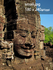 A giant stone face at The Bayon temple in Angkor Thom, Cambodia